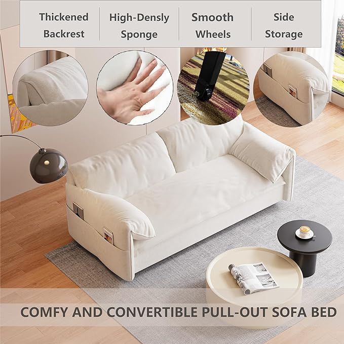 Oversized 3 in 1 Loveseat Sleeper Sofa Bed,Queen Size Love Seats W/Pull Out Couch and Padded Armrests Convertible Spacious Sofabed with Side Storage Pocket for Home Office Apartment Living Room - LeafyLoom