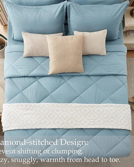 NexHome Blue Grey King Bed in a Bag 7-Pieces Comforter Sets with Comforter and Sheets Soft All Season Bedding Sets with Comforter, Pillow Shams, Flat Sheet, Fitted Sheet and Pillowcases - LeafyLoom