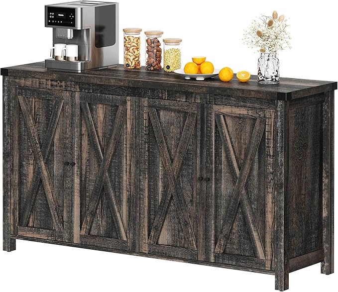 YITAHOME Farmhouse Sideboard Buffet Cabinet with Storage with 4 Doors, 55'' Large Kitchen Storage Cabinet, Wood Coffee Bar Cabinet with Adjustable Shelf for Kitchen, Living Room, Dark Oak - LeafyLoom
