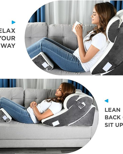 Gleur Bed Wedge Pillow for Sleeping 4 Piece Set - Orthopedic Pillow for Post Surgery includes a Patent Pending Desk Pillow - Adjustable Incline for All Sleeping, Sitting Positions Sofa Couch Cushion - LeafyLoom