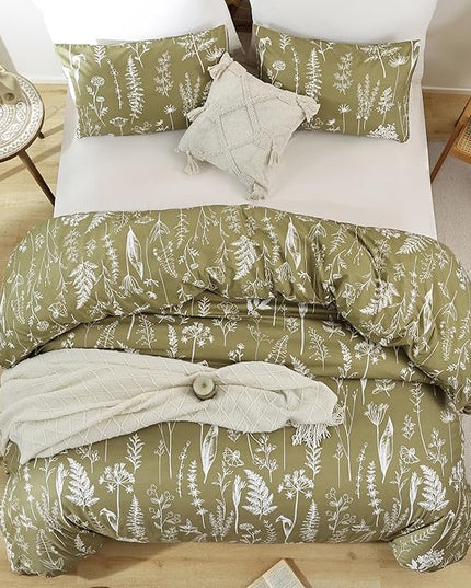 JANZAA California King Comforter Set Olive Green Comforter 3 PCS Bedding Sets Floral Comforter Set Plant Flowers Printed on Green Comforter Set with 2 Pillow Cases for All Season - LeafyLoom