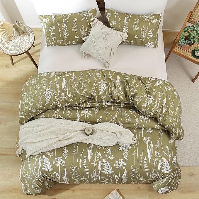 JANZAA California King Comforter Set Olive Green Comforter 3 PCS Bedding Sets Floral Comforter Set Plant Flowers Printed on Green Comforter Set with 2 Pillow Cases for All Season - LeafyLoom