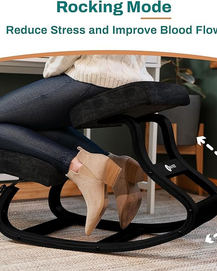 Ergonomic Kneeling Chair - A Rocking Knee Chair and Wooden Desk Chair designed for Home Office comfort and Posture support, Offering Back Pain Relief - Total Black Velvet - LeafyLoom