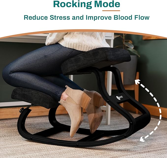 Ergonomic Kneeling Chair - A Rocking Knee Chair and Wooden Desk Chair designed for Home Office comfort and Posture support, Offering Back Pain Relief - Total Black Velvet - LeafyLoom