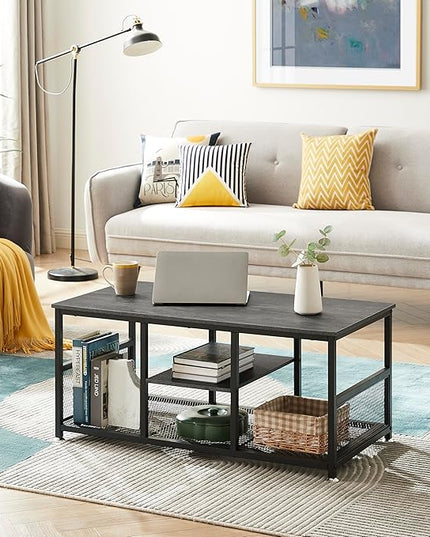 VECELO Coffee Center Table with Storage for Living Room Office Reception, Modern & Industrial Mesh Shelf, 39.4 Inch, Charcoal Grey - LeafyLoom