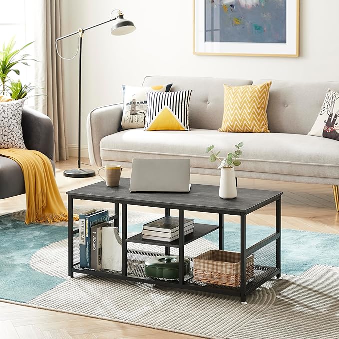 VECELO Coffee Center Table with Storage for Living Room Office Reception, Modern & Industrial Mesh Shelf, 39.4 Inch, Charcoal Grey - LeafyLoom