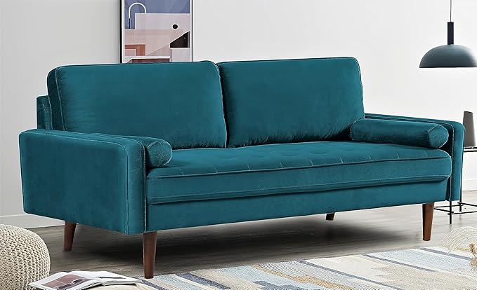 US Pride Furniture Velvet 70" Sofa Couch, Iconic Mid-Century Style Living Room Furniture with Contemporary Silhouette, Button Tufting and Wood Legs, Includes 2 Bolster Pillows, Greenish Blue - LeafyLoom