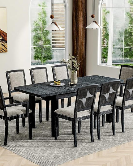 NicBex Dining Table Kitchen & Dining Room Tables Rustic Extendable 84Inch Dining Table Set with 24Inch Removable Leaf, 6 Upholstered Armless Dining Chairs and 2 Padded Chairs, Black+ Gray - LeafyLoom