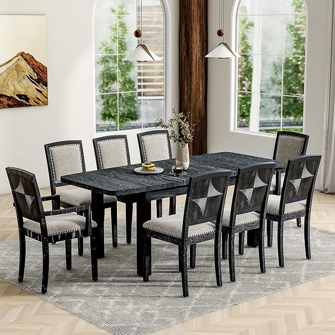 NicBex Dining Table Kitchen & Dining Room Tables Rustic Extendable 84Inch Dining Table Set with 24Inch Removable Leaf, 6 Upholstered Armless Dining Chairs and 2 Padded Chairs, Black+ Gray - LeafyLoom