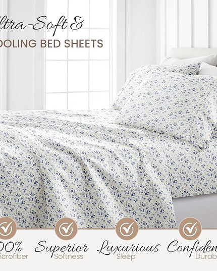 4 Piece Cal King Bedding Sheet Set (Light Blue Floral) - Sleep Better Than Ever with These Ultra-Soft & Cooling Bed Sheets for Your Cal King Size Bed - Deep Pocket Fits 16" Mattress - LeafyLoom