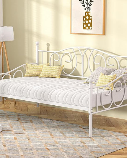 VECELO Twin Daybed Frame, Metal Day Bed with Classic Headboard, Multifunctional Platform Beds for Bedroom, Living Room, Guest Room, No Boxing Spring Needed, White - LeafyLoom
