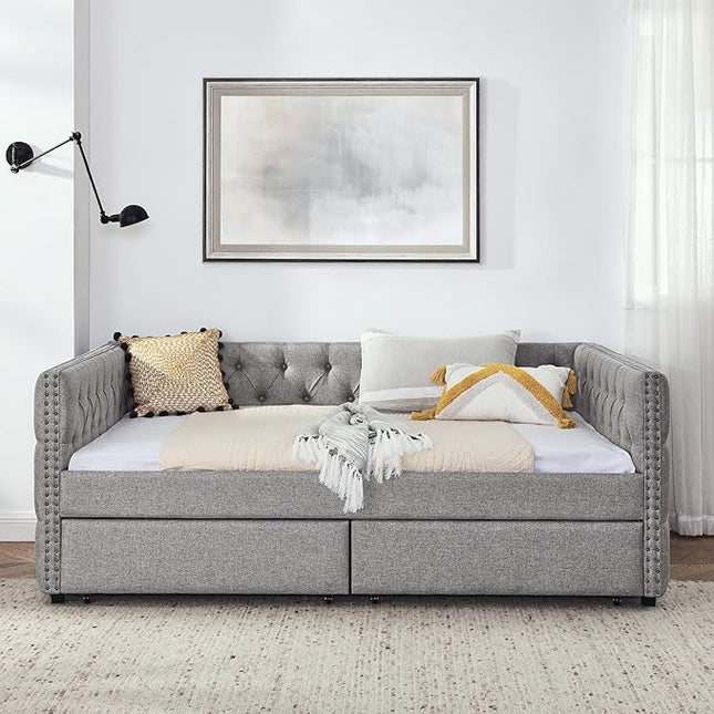 RITSU Full Size Upholstered Daybed, Pull Out with Two Storage Drawers, Solid Wood Frame Sofa Bed, Tufted Buttons and Copper Nails On Square Arms, for Bedrooms, Apartments, 82.75, Grey-2 - LeafyLoom