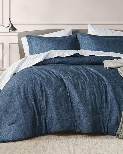 Chambray Queen Comforter Set - Blue Denim Queen Size Bedding Sets, 7 Pieces Soft Bedding for All Seasons with Comforter, Sheets, Pillowcases & Shams - LeafyLoom