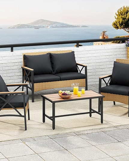 YITAHOME 4-Piece Patio Wicker Furniture Set with Wood Armrest, All Weather Rattan Conversation Furniture Sets for Backyard, Balcony, Deck w/Soft Cushions and Plastic Wood Table (Light Brown+Black) - LeafyLoom