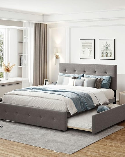 Size Upholstered Platform Bed with Headboard, Twin XL Trundle and 2 Drawers Storage, Linen Fabric Bedframe for Bedroom, Queen (U.S. Standard), Light Gray - LeafyLoom