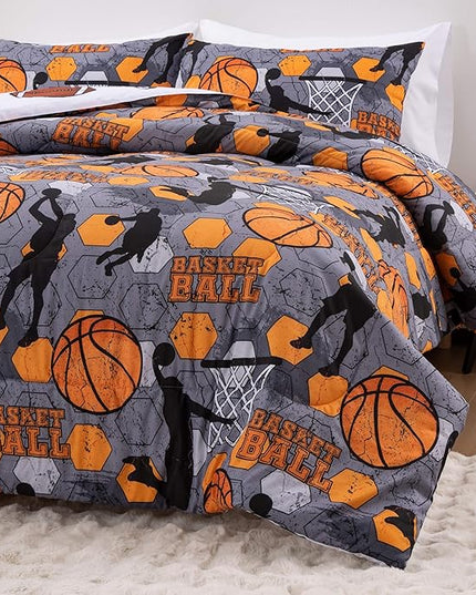 Btargot 3 Piece Grey Geometric Basketball Comforter Set Full for Boys Teens, 3D Sports Bedding,Soft Microfiber Reversible Quilt with 2 Matching Pillow Shams, Yellow - LeafyLoom