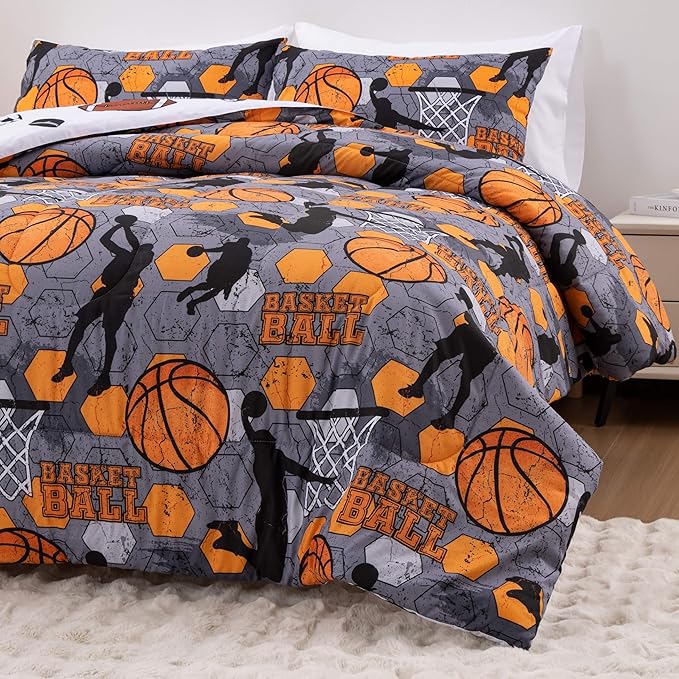 Btargot 3 Piece Grey Geometric Basketball Comforter Set Twin for Boys Teens, 3D Sports Bedding,Soft Microfiber Reversible Quilt with 2 Matching Pillow Shams, Yellow - LeafyLoom