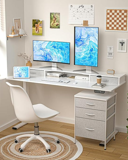 63 Inch Electric Standing Desk with Cabinet & Drawers, Height Adjustable Sit Stand Desk with Monitor Shelf, Smart Home Office Standing Computer Desk, White - LeafyLoom