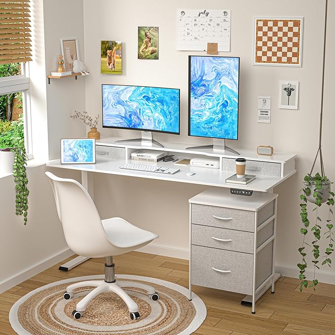63 Inch Electric Standing Desk with Cabinet & Drawers, Height Adjustable Sit Stand Desk with Monitor Shelf, Smart Home Office Standing Computer Desk, White - LeafyLoom