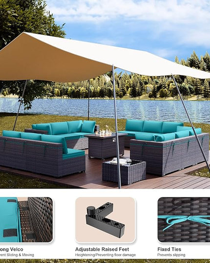 Kullavik 15 Pieces Outdoor Patio Furniture Set with 43" Gas Propane Fire Pit Table PE Wicker Rattan Sectional Sofa Patio Conversation Sets,Blue Cushions - LeafyLoom