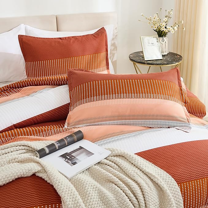 Litanika Burnt Orange Bed Comforter Full Size Set, 3 Pieces Boho Terracotta Stripe Colorblock Soft Bedding Comforter Set, Rust Fluffy Bed Set (79x90In Comforter & 2 Pillowcases) - LeafyLoom