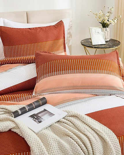 Litanika Burnt Orange California King Comforter Set - 3 Pieces Boho Terracotta Cal King Oversized Lightweight Summer Rust Colorblock Stripe Bedding Set (104x96In, 2 Pillowcases) - LeafyLoom