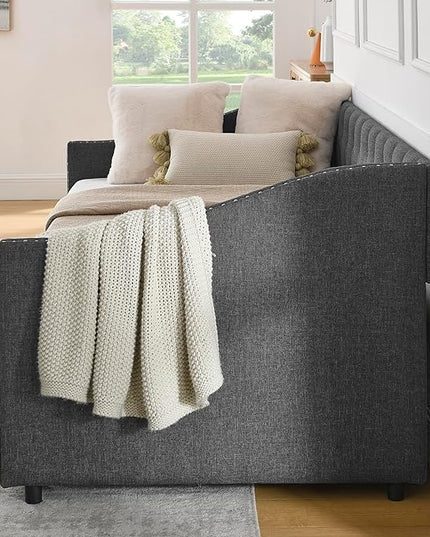 RITSU Twin Size Mid-Century Daybed, 2 Storage Drawers,Linen Button Upholstered Tufted Sofa Bed, Copper Nail on Waved Shape Arms, No Box Spring Needed,for Bedroom, Livingroom, Dark Grey, 81.50 - LeafyLoom