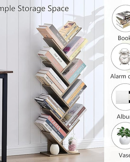Hoctieon 10 Tier Tree Bookshelf, 10 Shelf Bookcase, Free Standing Tree Bookcase, Display Floor Standing Shelf for Books, Book Organizer Shelves for Home Office, Living Room, Bedroom, Greige - LeafyLoom