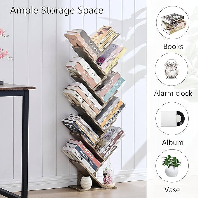 Hoctieon 10 Tier Tree Bookshelf, 10 Shelf Bookcase, Free Standing Tree Bookcase, Display Floor Standing Shelf for Books, Book Organizer Shelves for Home Office, Living Room, Bedroom, Greige - LeafyLoom