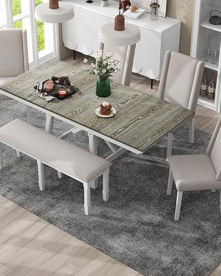 RITSU SONGG Farmhouse 6-Piece Dining Set, Included Solid Wood Rectangular Extendable Table with Two 12" W Removable Leaves and 4 Upholstered Chairs & a Bench, Home Kitchen Furniture, Brown+White - LeafyLoom