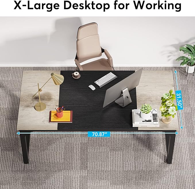 70.8 Inch X-Large Executive Computer office desk, Grey+Black - LeafyLoom