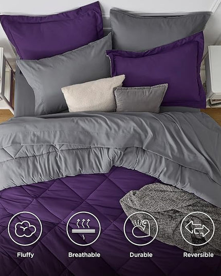 Bedsure Purple Twin Comforter Sets - 5 Pieces Reversible Twin Bedding Sets for College, Purple Extra Long Bed Set Twin with Comforters, Sheets, Pillowcase & Sham - LeafyLoom