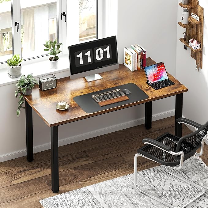 Need Computer Desk, 47 inch Home Office Desk, Modern Simple Style Home Office Gaming Desk, Basic Writing Table for Study Student, Black Metal Frame, Rustic Brown - LeafyLoom