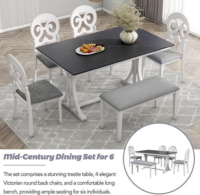 6-Piece Mid-Century Dining Set for 6, Trestle Table and 4 Elegant Victorian Round Back Chairs & Bench, for Kitchen Living Room, Gray+Antique White, 59.8" L x 35.8" W x 30" H - LeafyLoom