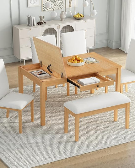 Dining Table Set for 6 with Drawer, Kitchen Table Set with Storage Table, Dining Room Table Set with Storable Bench and Upholstered Chairs for Living Room, Beige+Natural - LeafyLoom