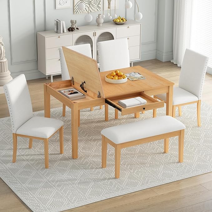 Dining Table Set for 6 with Drawer, Kitchen Table Set with Storage Table, Dining Room Table Set with Storable Bench and Upholstered Chairs for Living Room, Beige+Natural - LeafyLoom