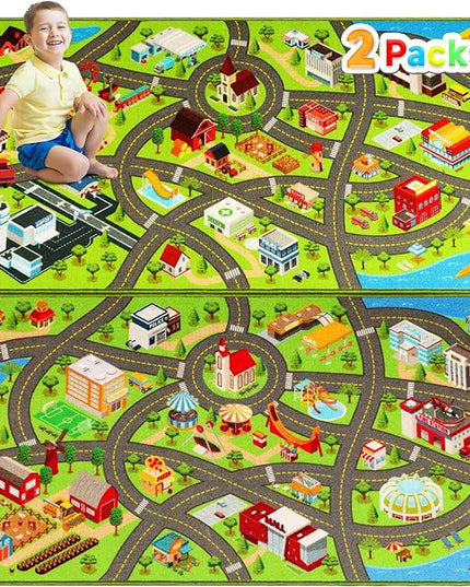 2 Packs Kids Rugs Car Play Mat Traffic Road Carpet for Car City Life Map Play Rug 31.5"×59" for Playroom Educational Mat Area Rug, Kid Playtime Collection Toddler Car Track Rug （2P: A+B - LeafyLoom