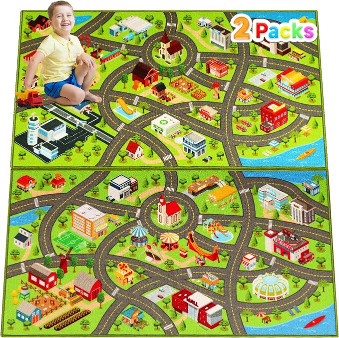 2 Packs Kids Rugs Car Play Mat Traffic Road Carpet for Car City Life Map Play Rug 31.5"×59" for Playroom Educational Mat Area Rug, Kid Playtime Collection Toddler Car Track Rug （2P: A+B - LeafyLoom