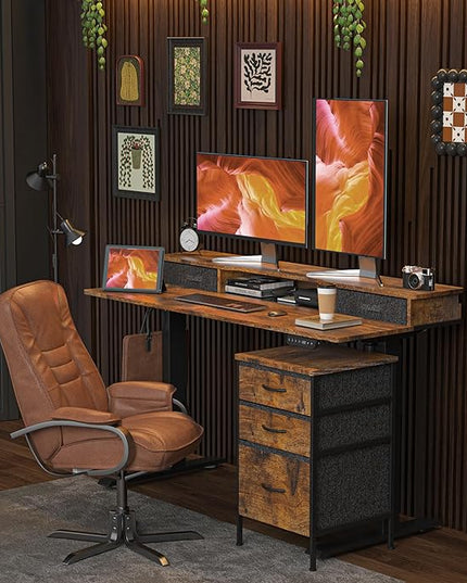 55 Inch Electric Standing Desk with Cabinet & Drawers, Height Adjustable Sit Stand Desk with Monitor Shelf, Smart Home Office Standing Computer Desk, Rustic Brown - LeafyLoom