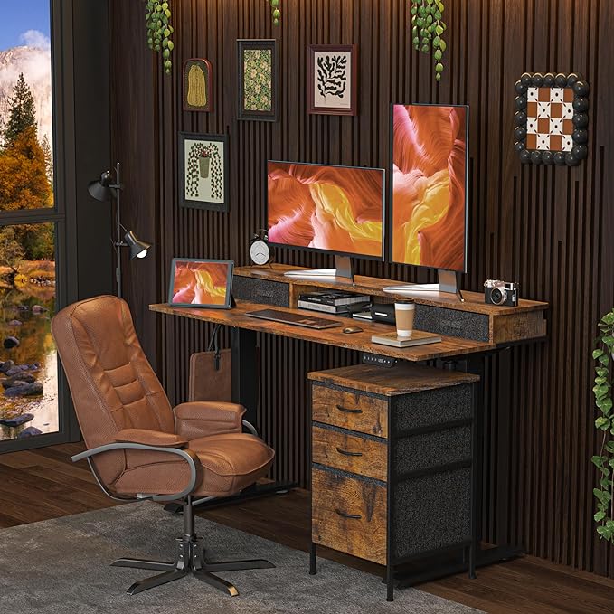 55 Inch Electric Standing Desk with Cabinet & Drawers, Height Adjustable Sit Stand Desk with Monitor Shelf, Smart Home Office Standing Computer Desk, Rustic Brown - LeafyLoom