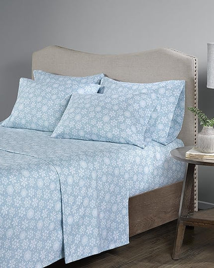 Comfort Spaces Cotton Flannel Breathable Warm Deep Pocket Sheets with Pillow Case Bedding, King, Blue Snowflakes 4 Piece - LeafyLoom
