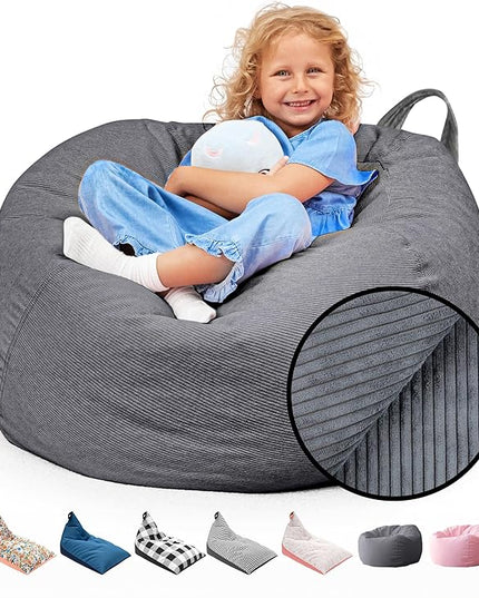 Stuffed Animal Bean Bag Storage (No Filler) - Machine Washable Kids Bean Bag Chair Cover Makes Extra Large Bean Bag Chair Stuff Toys & Soft Items - Stuffed Animal Holder for Kids -Grey Corduroy - LeafyLoom
