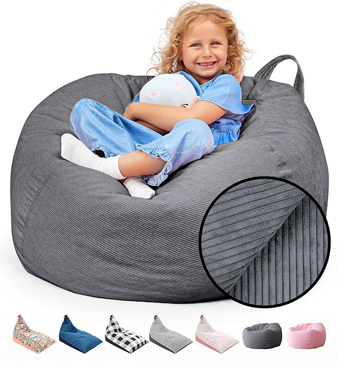 Stuffed Animal Bean Bag Storage (No Filler) - Machine Washable Kids Bean Bag Chair Cover Makes Extra Large Bean Bag Chair Stuff Toys & Soft Items - Stuffed Animal Holder for Kids -Grey Corduroy - LeafyLoom