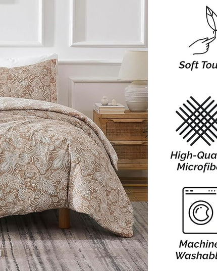 Southshore Fine Living, Inc. Oversized Full/Queen Comforter Set, Down Alternative Paisley Bedspread, Reversible Print is 2 Colors in 1, Queen/Full Comforter & Matching Shams, Taupe/White - LeafyLoom