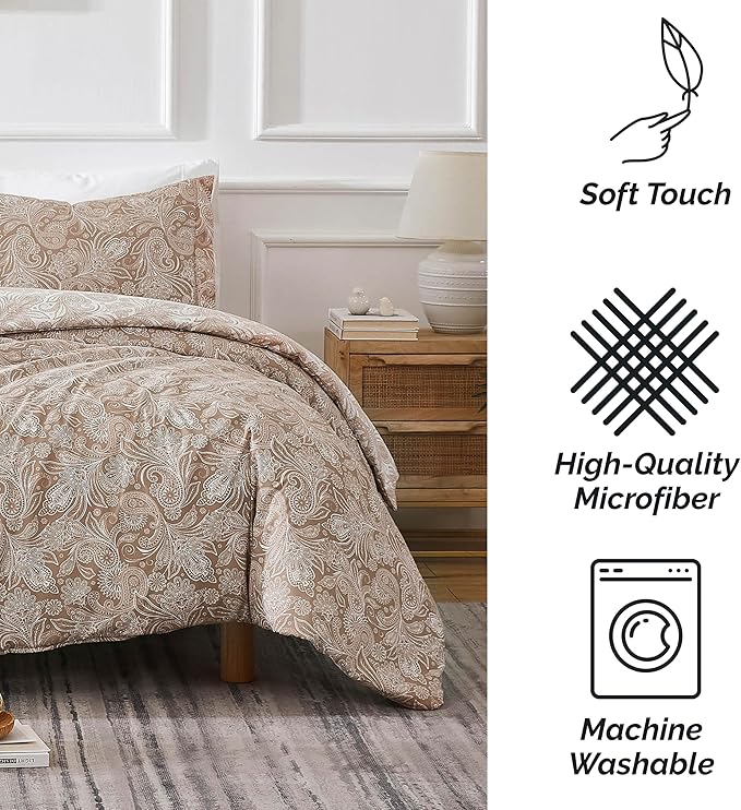Southshore Fine Living, Inc. Oversized Full/Queen Comforter Set, Down Alternative Paisley Bedspread, Reversible Print is 2 Colors in 1, Queen/Full Comforter & Matching Shams, Taupe/White - LeafyLoom