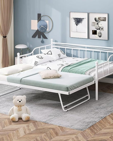 Full Daybed with Trundle Bed Twin, Metal Day Bed Frame with Pop Up Trundle, Metal Sofa Bed with Portable Folding Trundle for Bedroom, Living Room, Guest Room, Home, No Box Spring Needed, White - LeafyLoom