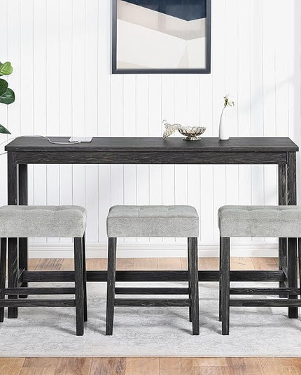 ManyStars Power 3 Upholstered Stools, Industrial Breakfast Dining, Living, Play Room,Black+ Gray, 4-Piece Bar Table Set with Outlet - LeafyLoom