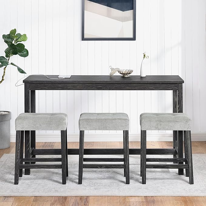 ManyStars Power 3 Upholstered Stools, Industrial Breakfast Dining, Living, Play Room,Black+ Gray, 4-Piece Bar Table Set with Outlet - LeafyLoom