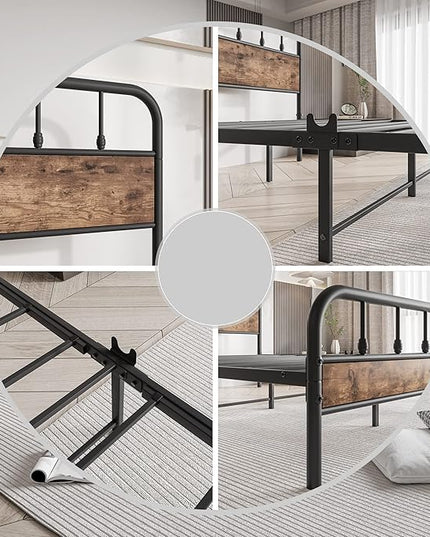 Black Queen Bed Frame with Wood Headboard,Metal Platform Bed Frames,No Box Spring Needed,Easy Assembly Rustic Brown - LeafyLoom