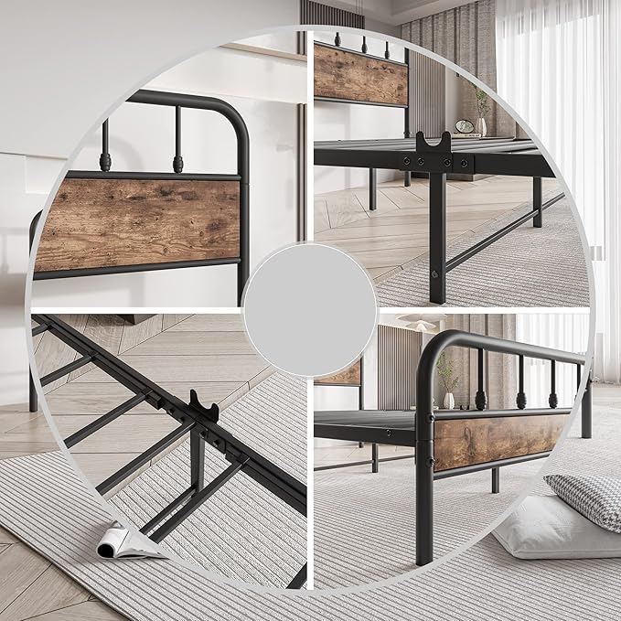 Black Queen Bed Frame with Wood Headboard,Metal Platform Bed Frames,No Box Spring Needed,Easy Assembly Rustic Brown - LeafyLoom